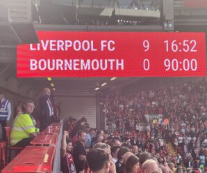 Scoreboard showing Liverpool 9 - Bournemouth 0