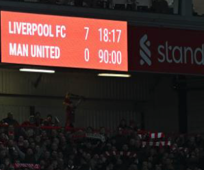 scoreboard at anfield showing liverpool 7 manchester united 0