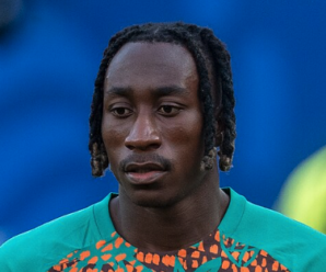 yan diomande wearing an ivory coast training top in front of a blue background
